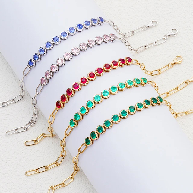 Bracelets de tennis en chaîne avec pierres précieuses cultivées en laboratoire, couleur or 14 carats